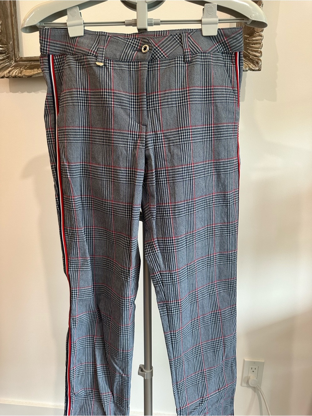 Plaid Side-Stripe Women’s Trousers in Gray with Red Accent